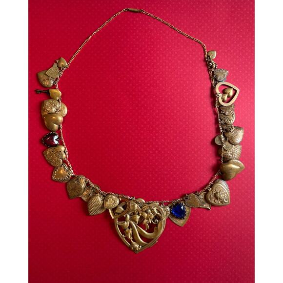 Vintage Brass Heart & Locket Charm Necklace 24in Chain - Picture 1 of 10